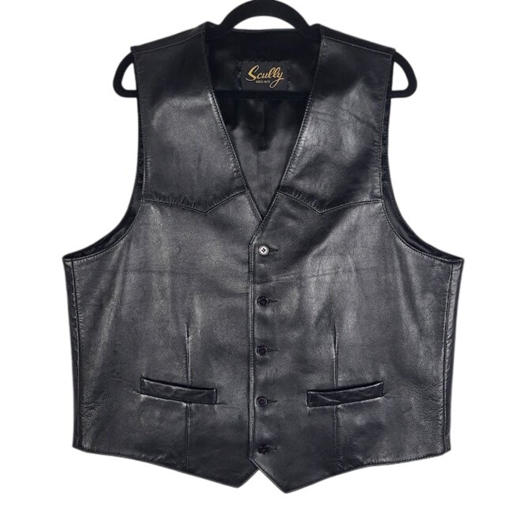 Vintage Scully Leather Vest Mens L Black Western Biker Cowboy Button Front